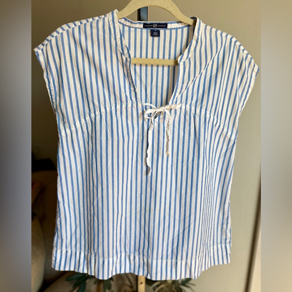 GAP Blue and White Striped Pop Over Blouse - Picture 2 of 7